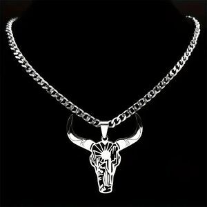 Stainless Steel Longhorn Bull Head Skull Sun Cactus Necklace